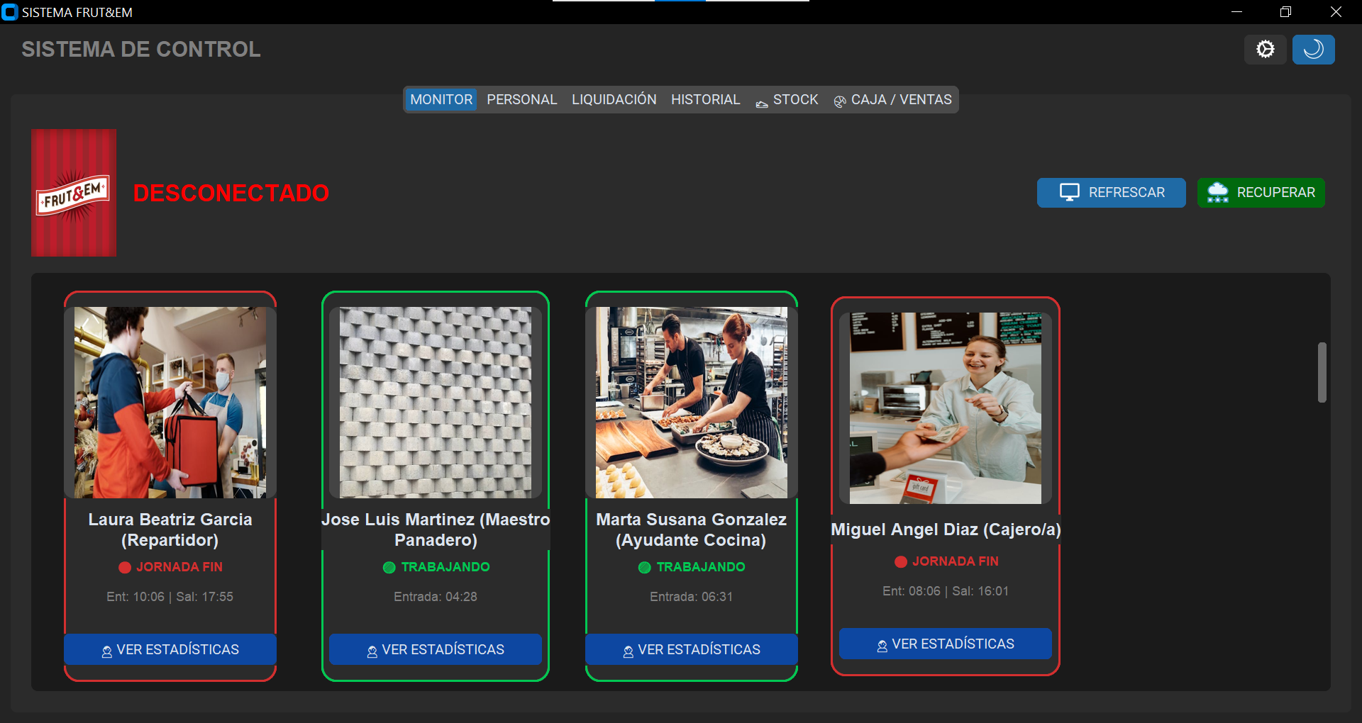 Sistema Frut&Em - monitor de personal con fichadas y estados