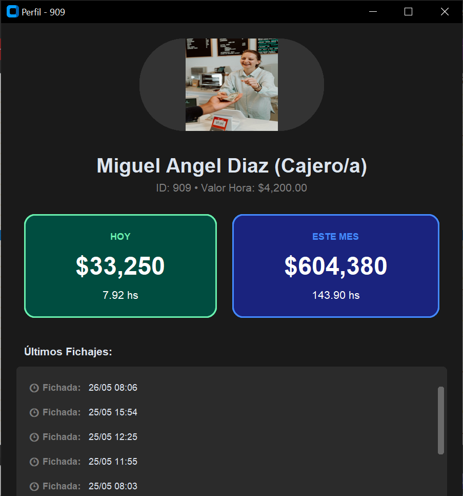 Perfil de empleado con estadisticas diarias y mensuales